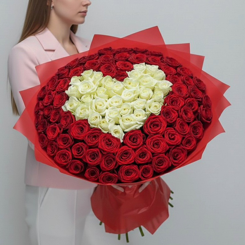 101 роза Букет Белое сердце